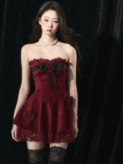 Roses Embellishments Christmas Wine Red Strapless Dress with Plush Shawl Set