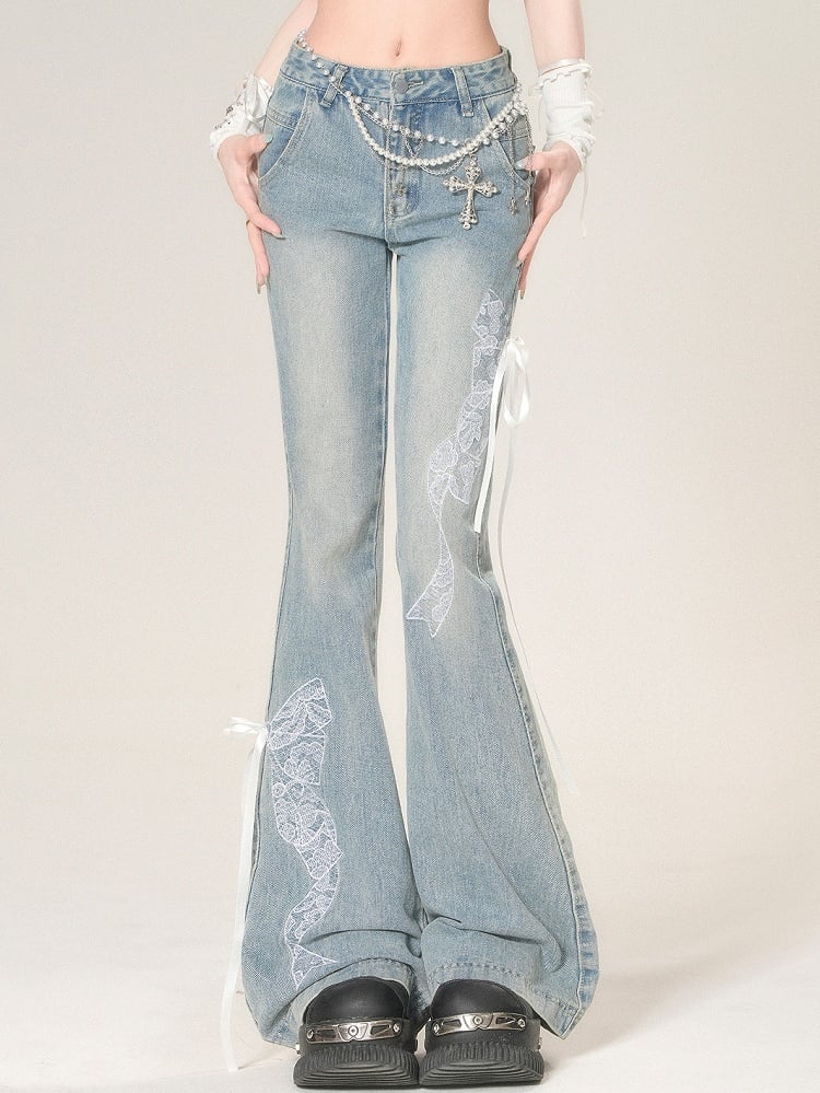 Bowknot Glamorous Flare Lace Embroidered Blue Jeans Silhouette