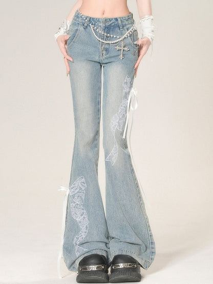 Bowknot Glamorous Flare Lace Embroidered Blue Jeans Silhouette