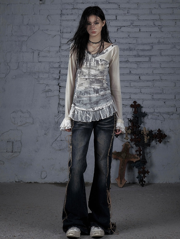 Trim Star Lace Wasteland Punk Studs Decorated BlackGray/Beige T-shirt And