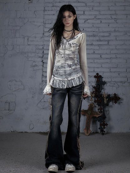 Trim Star Lace Wasteland Punk Studs Decorated BlackGray/Beige T-shirt And
