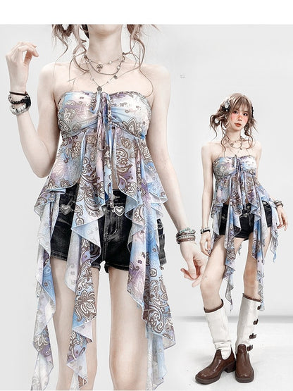 Blue Holiday Ruffle Print Top Tube Accents Design Cascading