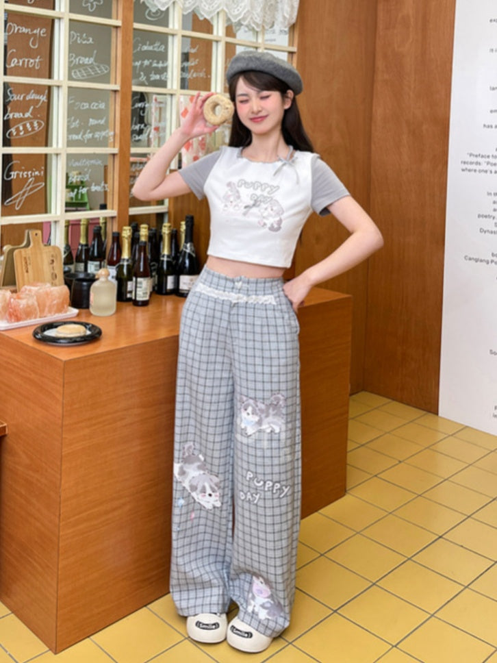 Regular/Short Lace Grey Plaid Puppy Print Heart Button Version Wide-Leg Pants Trim