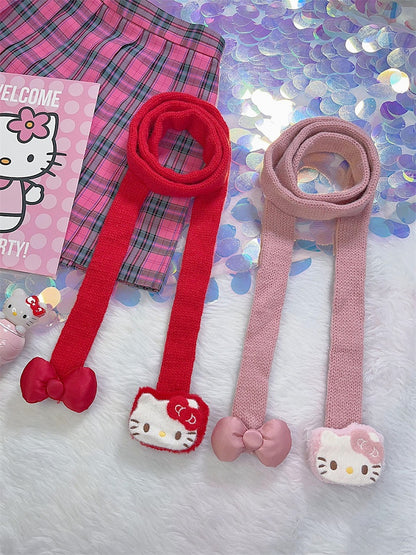 Red/Pink Y2K Kitty Design Knitted Scarf