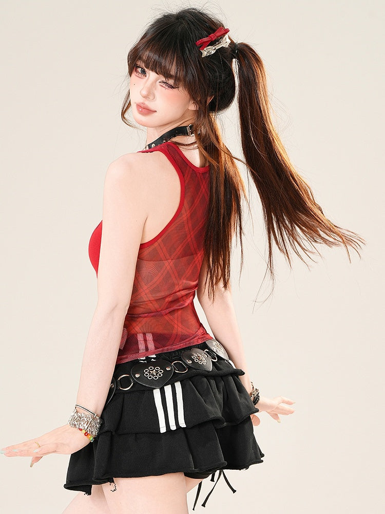 Blue/Red Top Pattern Sleeveless Glamorous And Print Plaid Corset Letter
