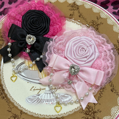 Beaded Trim Floral Design Decorated And Pink/Rose Charm Bowknot Rhinestone Heart Lace Hairclip Red