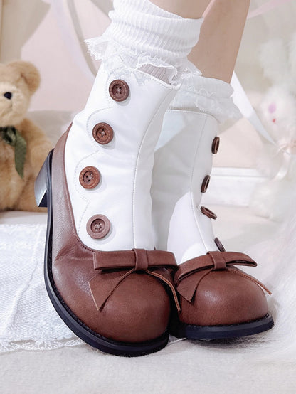 Decorative White Heel Design Lolita Classic Mid with Boots- Brown Buttons