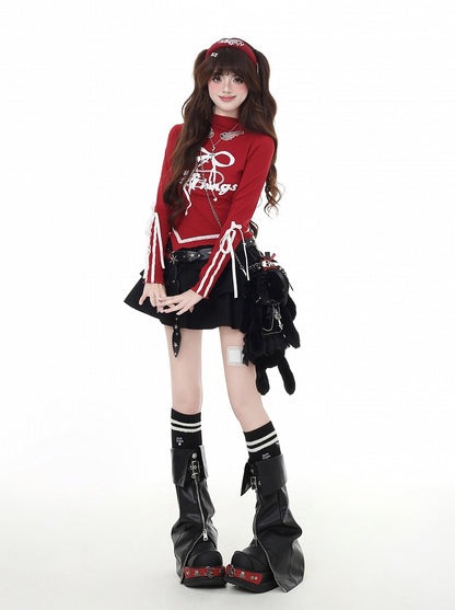 Print Cutout Bowknot Curved Hem Top Red/Black Mock Wing-shaped Vintage Neck
