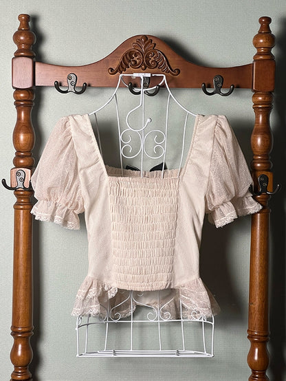 Beige Square Neckline Short Sleeves Blouse