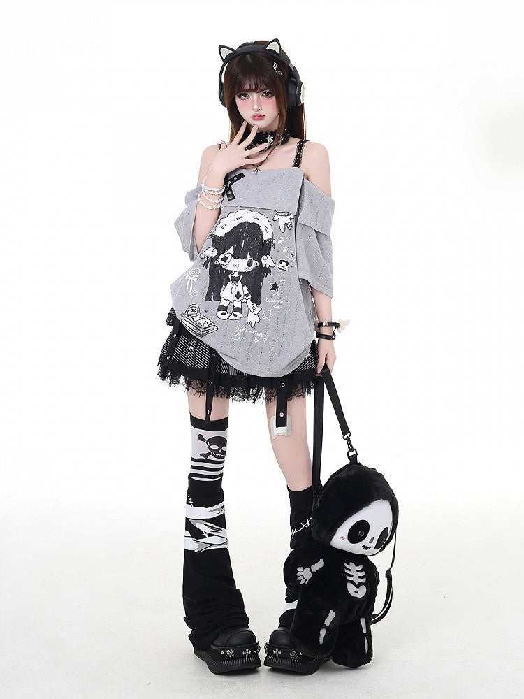 Neckline Girl Print T-Shirt Cartoon Gray/White Off-the-shoulder Criss-cross Design