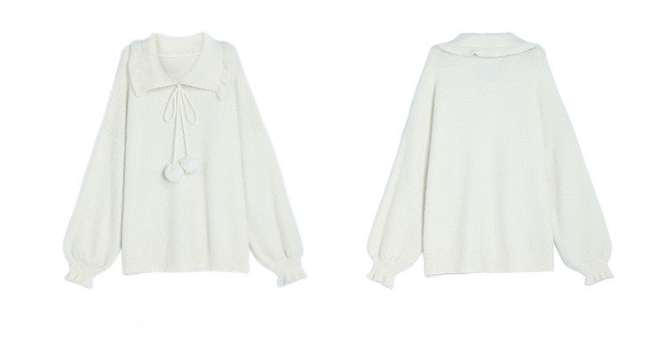 Pompons Decorated Pullover White Sweater