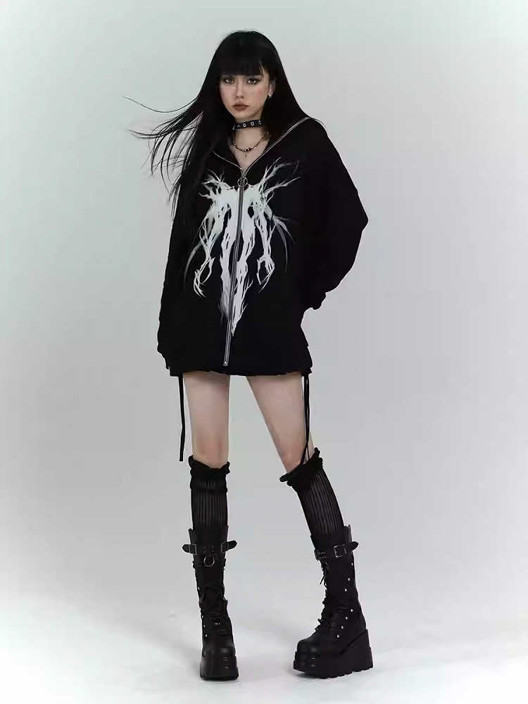 Gothic Black Zip Closure Loose Graphic Hoodie