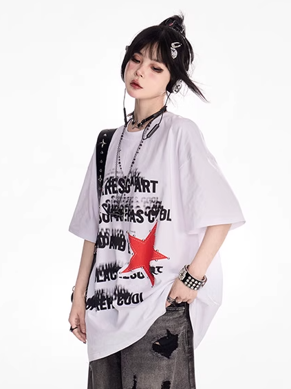 Loose T-shirt White Round Neck Star Print Vintage