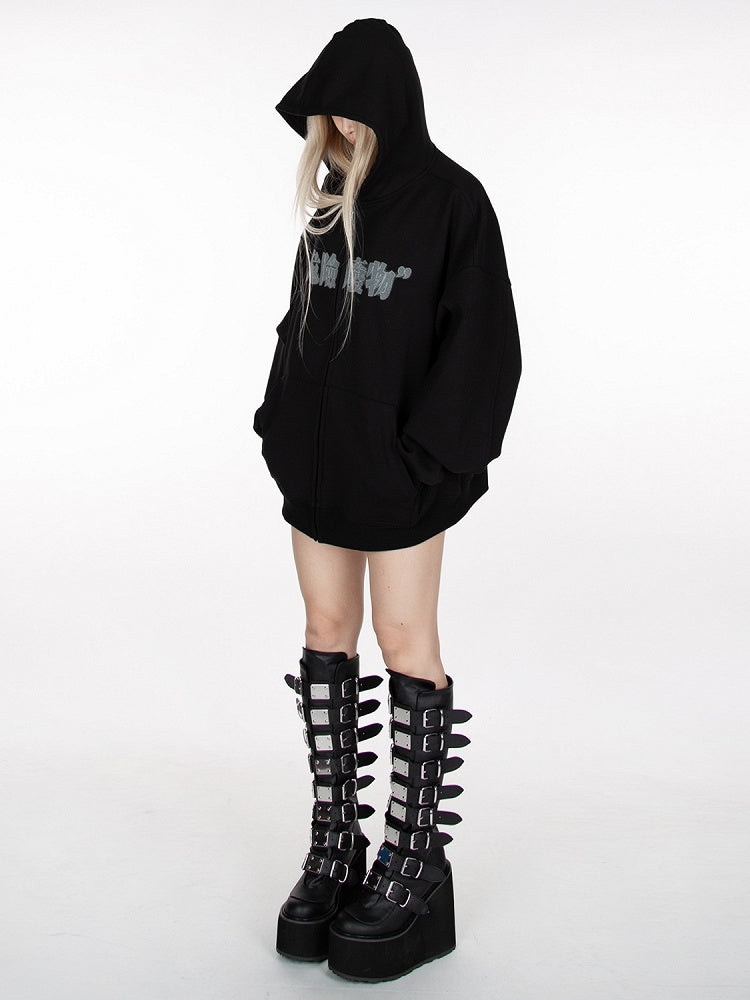 Black Zip Closure Graphic Hoodie