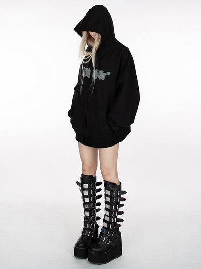 Black Zip Closure Graphic Hoodie