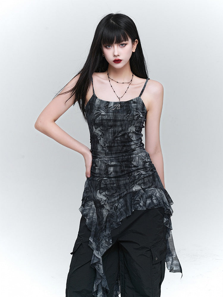 Glamorous Waist Asymmetrical Cami Ruched Gray Flounce Hem Top with Black