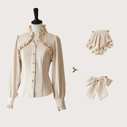 Aprikosenfarbenes, elegantes Langarmhemd mit Rüschenkragen und abnehmbarer Schleife/Jabot-Krawatte