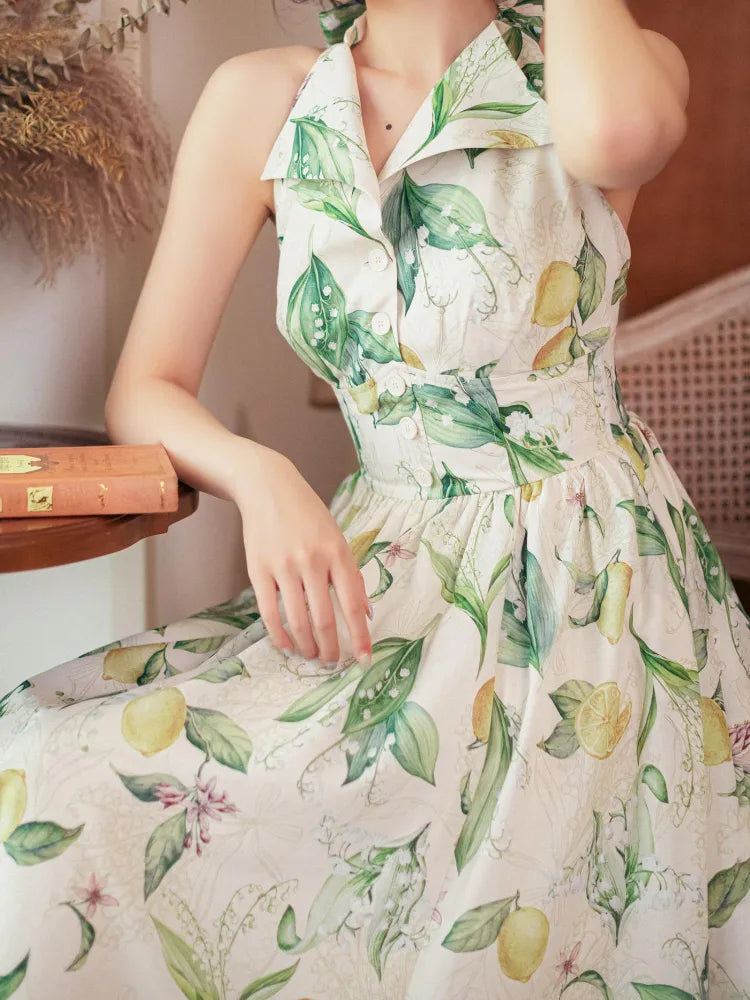 Neck Big Halter Fashion Backless Bow Lemon Green Retro Print Back Dress