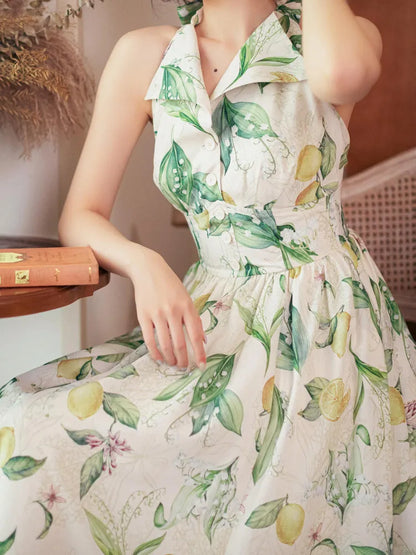 Neck Big Halter Fashion Backless Bow Lemon Green Retro Print Back Dress