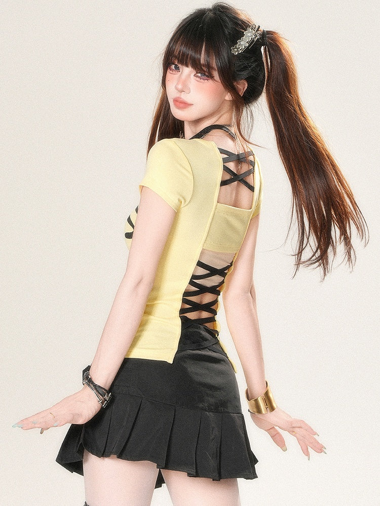 Glamorous Back Design White/Yellow/Black T-shirt Letter Print Criss-cross