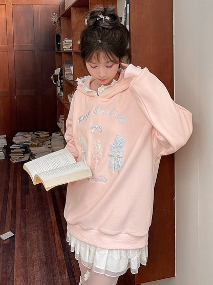 Pink Cute Crocheted Bunnies Details Fleece Lined Hoodie