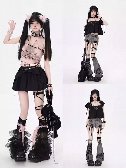 Three Top/Bubble Ways Black Wear Skirt