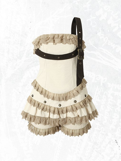 Studded Lace-trimmed Dress with Punk Straps Lace Detachable Overskirt Apricot