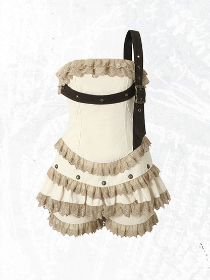 Studded Lace-trimmed Dress with Punk Straps Lace Detachable Overskirt Apricot