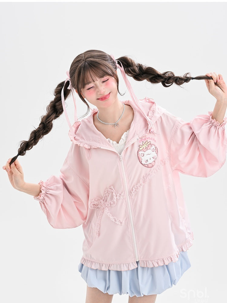 Spitze Yume Kawaii Rosa Erdbeere Applique Jacke Bowknot Sonnenschutz Mit Kapuze