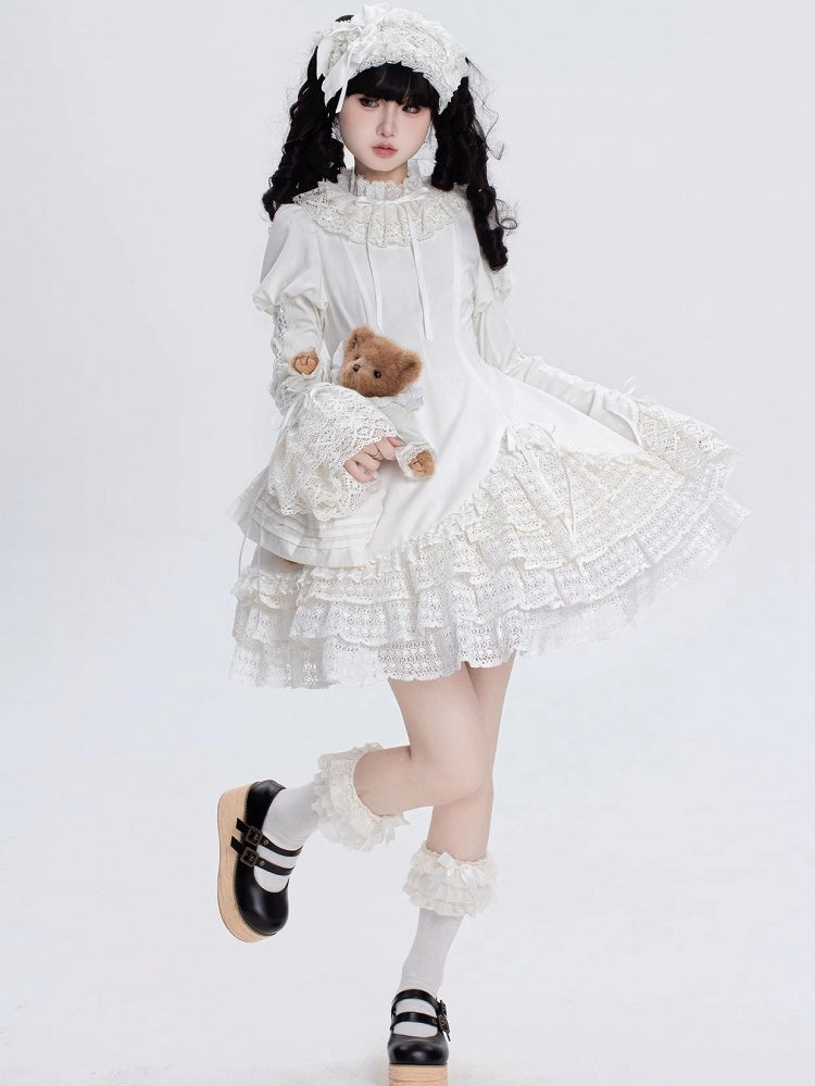 Robe Lolita Shiro à manches longues et col à volants entièrement blanche