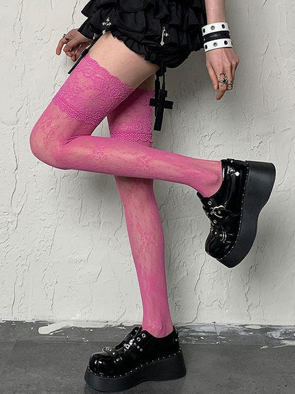 Pattern Floral Rose Pink Y2K Overknee Lace Trim Stockings