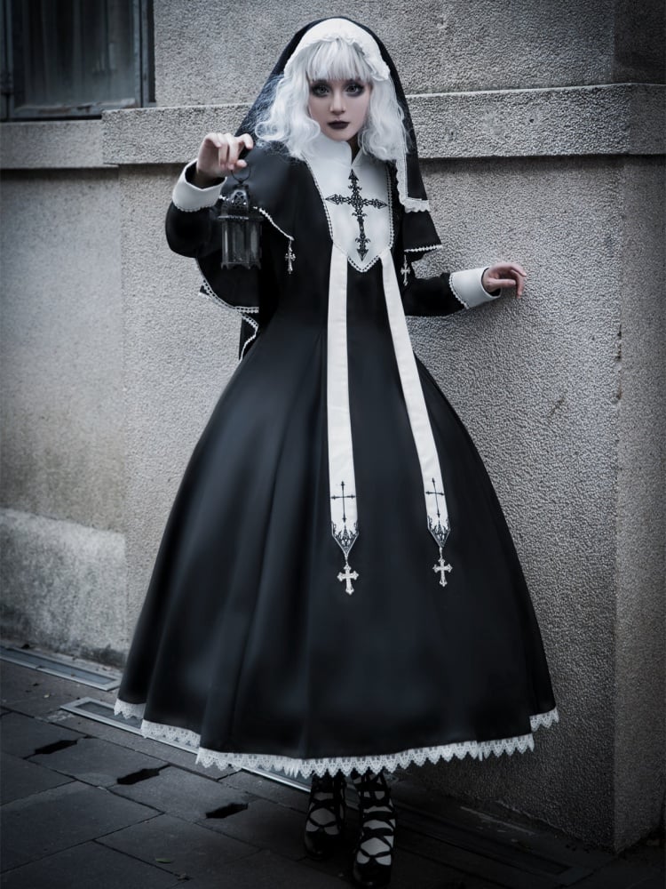 Black and White Cross Embroidery Gothic Nun Lolita Dress