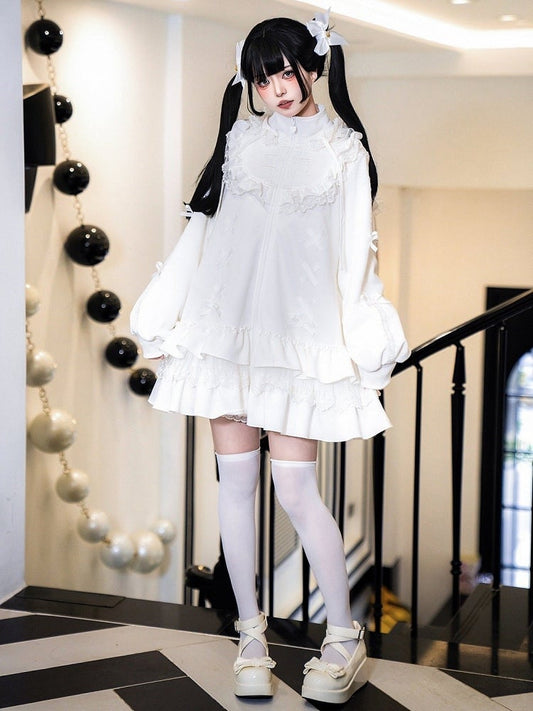 Embroidery Kei-inspired White Jirai Cross High Neck Goth Dress