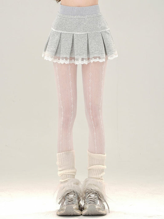 Pleat Grey Box Lace Mini Trim Skirt