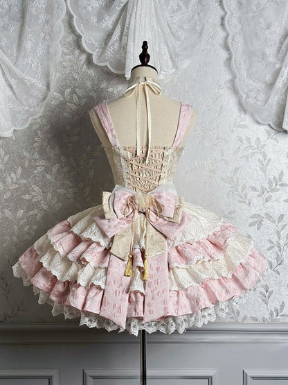 Hals Baskenkleid Taille Rosa Rock Halter Tiered Qi Abnehmbare Lolita