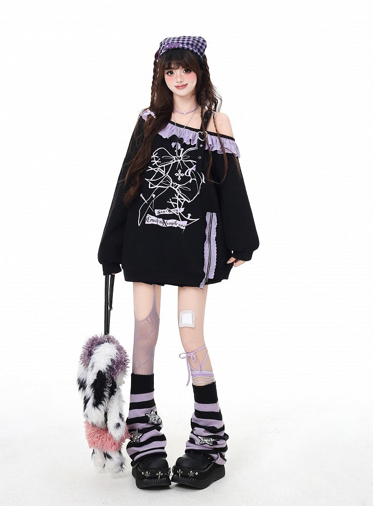 Black Asymmetrical Neckline Ruffled Purple Lace Trim Side Slit Sweatshirt