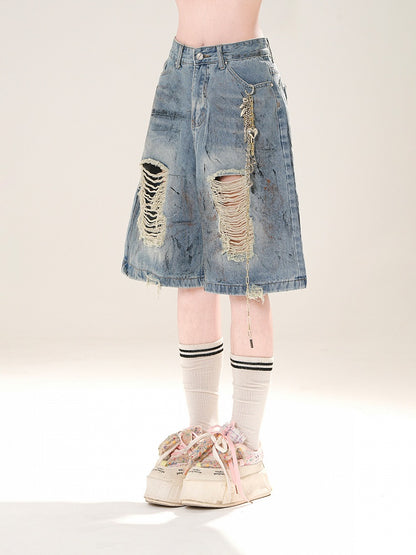 Blue Distressed Holes Straight-Leg Denim Shorts