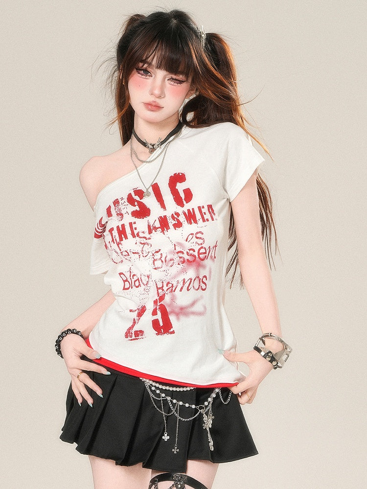 Letter Asymmetrical Neckline T-shirt Glamorous Print White/Gary