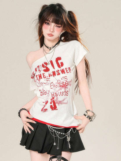 Letter Asymmetrical Neckline T-shirt Glamorous Print White/Gary