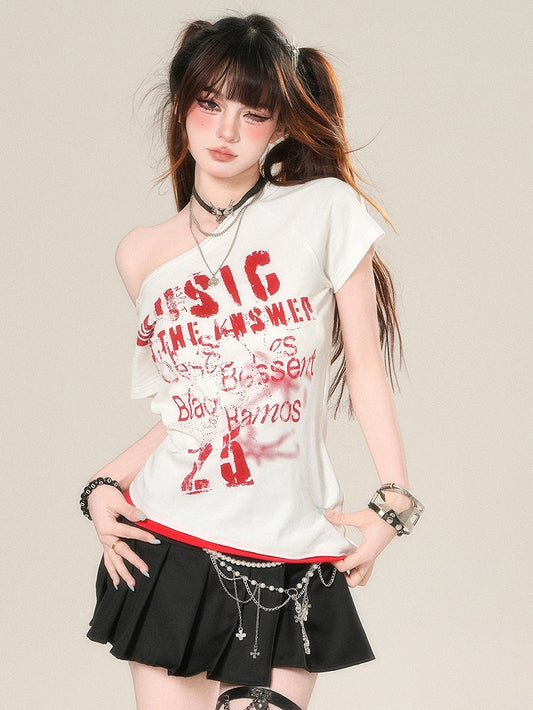 Letter Asymmetrical Neckline T-shirt Glamorous Print White/Gary