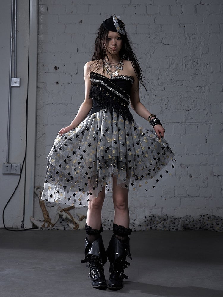 Dress Balletcore Tiered Mesh Skirt Strapless Gray Ash