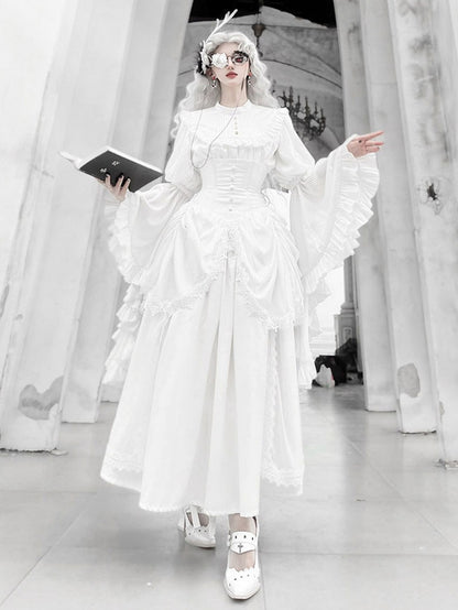 Punk Pointed Toe High Block Heels in White Coffin Buckles and Metal Cross with Gothic 8.5cm