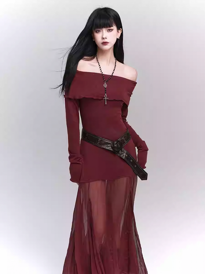 Robe glamour rouge vin semi-transparente à épaules dénudées