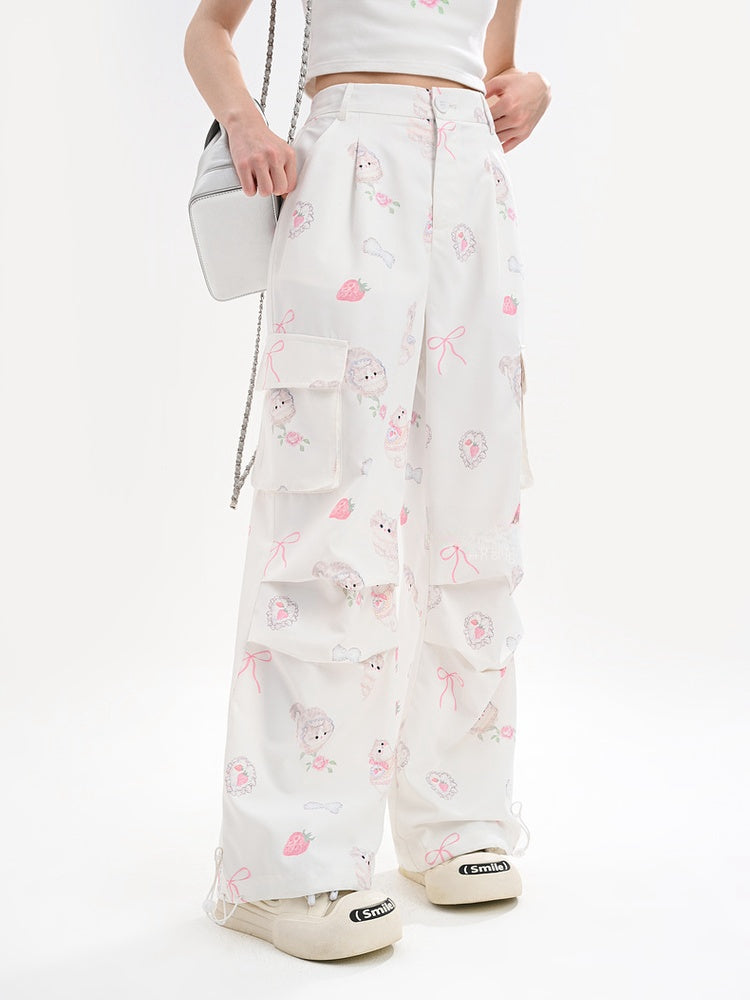 Cuffs Adorable Kitty Print Cargo Pockets Drawstring White Wide-Leg Pants