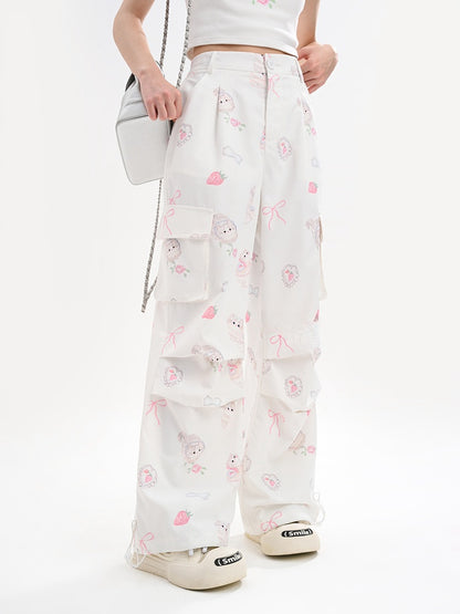 Cuffs Adorable Kitty Print Cargo Pockets Drawstring White Wide-Leg Pants