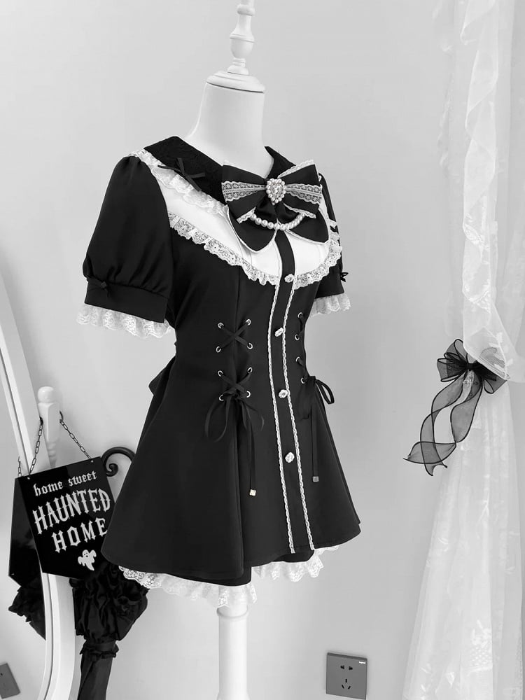 Jirai Embellished Kei Set White Lace-up Waist Rhinestones Mini Dress+Shorts Black Details