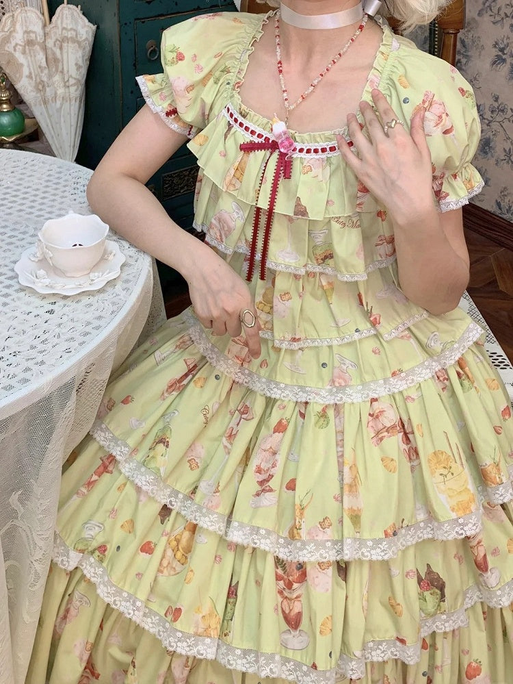 Green Print Fruit Summer Parfait Top Short Sleeves