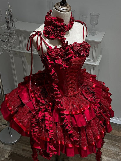 Boning Tiered Goth Sequins Ruffle Dress Roses Red Neckline Lolita