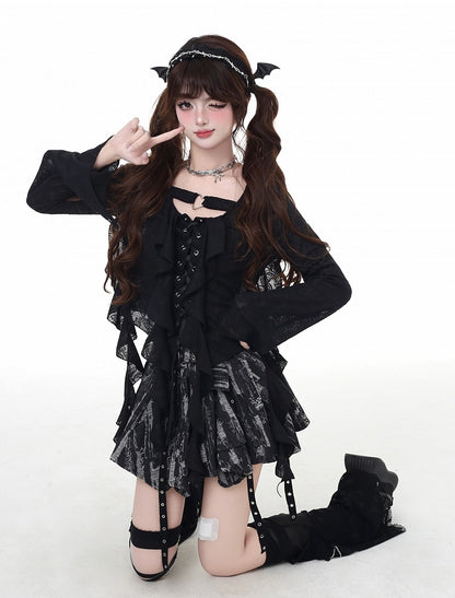 Asymmetrical Ruffled Placket Hem Chiffon Top Pink Lace-up Black/Light