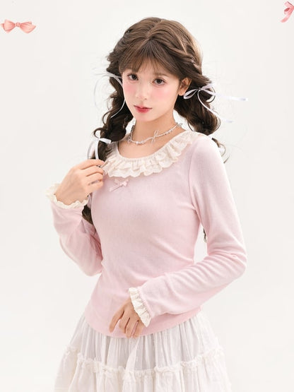 Pink Lace Trim Round Neck Slim-fit Top